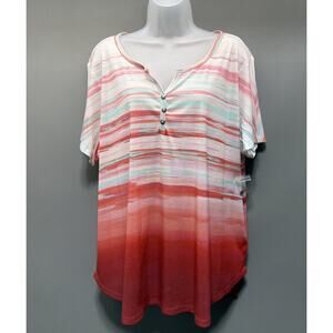 Croft &Barrow Multi Strip Abstract 1/4 Button Knit V-Neck Top Tunic Plus Size 2X